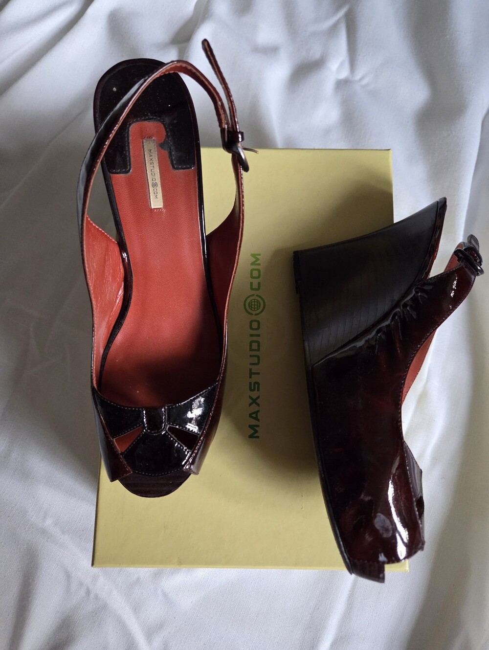 Max Studio Burgundy Patent Peep-Toe Slingback Wedges Cleo